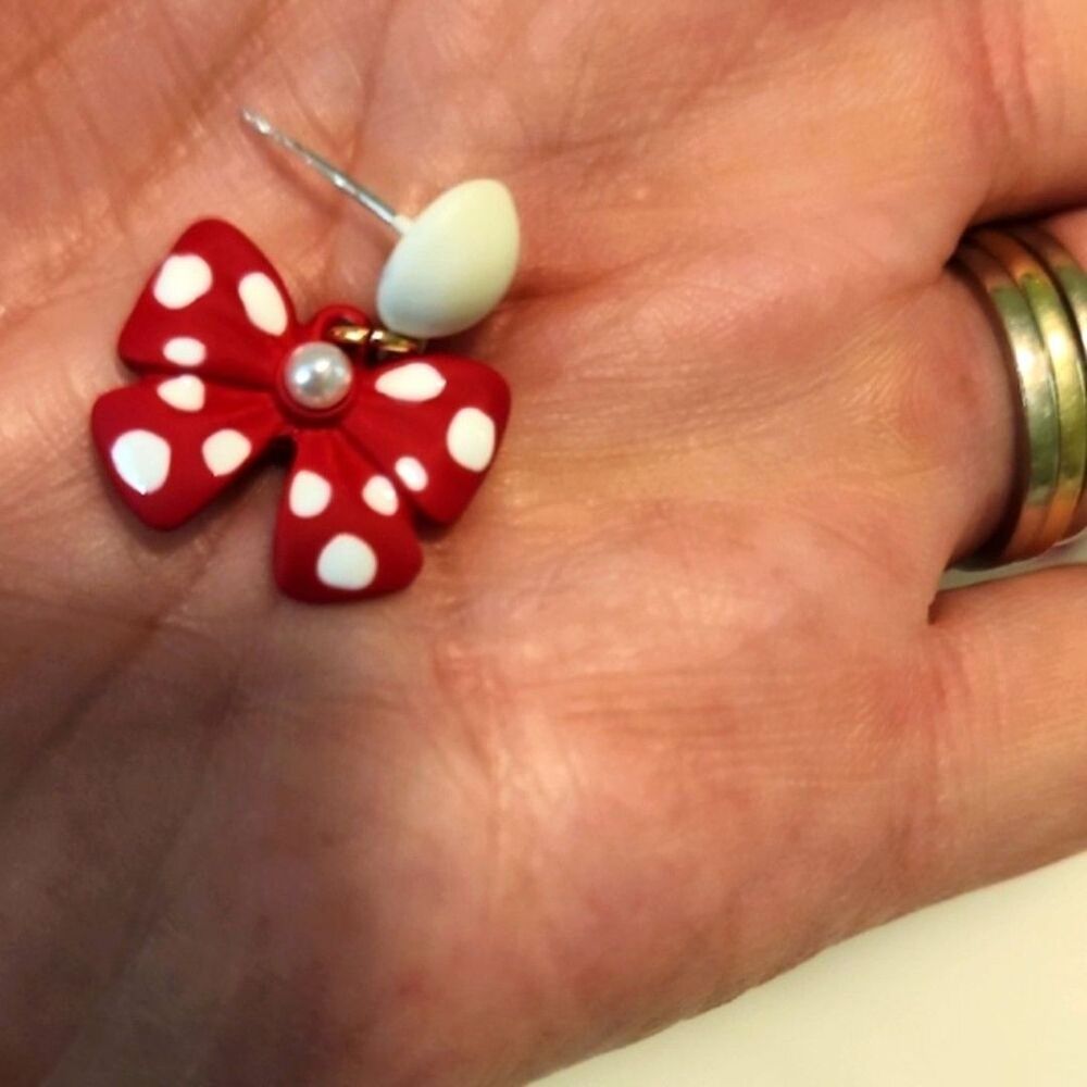 Red Polka Dot Bow Earrings M Mouse free shipping - Picture 4 of 4